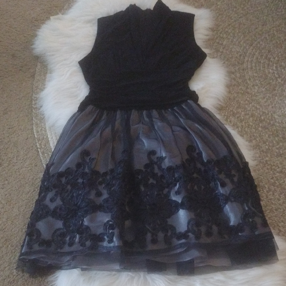 Black and Gray Fit and Flare Sleeveless Cowl Neck Dress